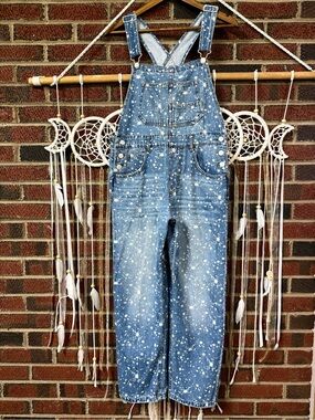 We The Free Blue Denim Paint-Splatter Overalls